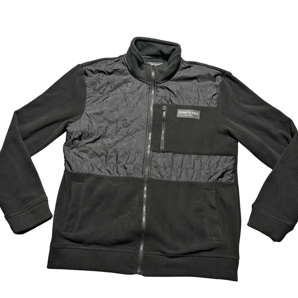 Kenneth Cole New York Men Large Black Full Zip Fleece Quilted Mixed Media Jacket